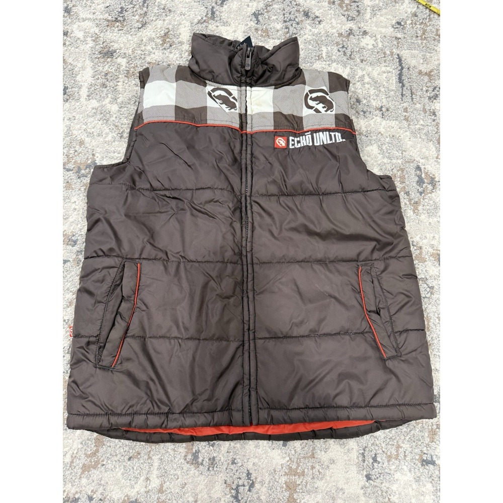 Ecko Unltd Brown Plaid Puffer Orange Accents Vest Womens Medium